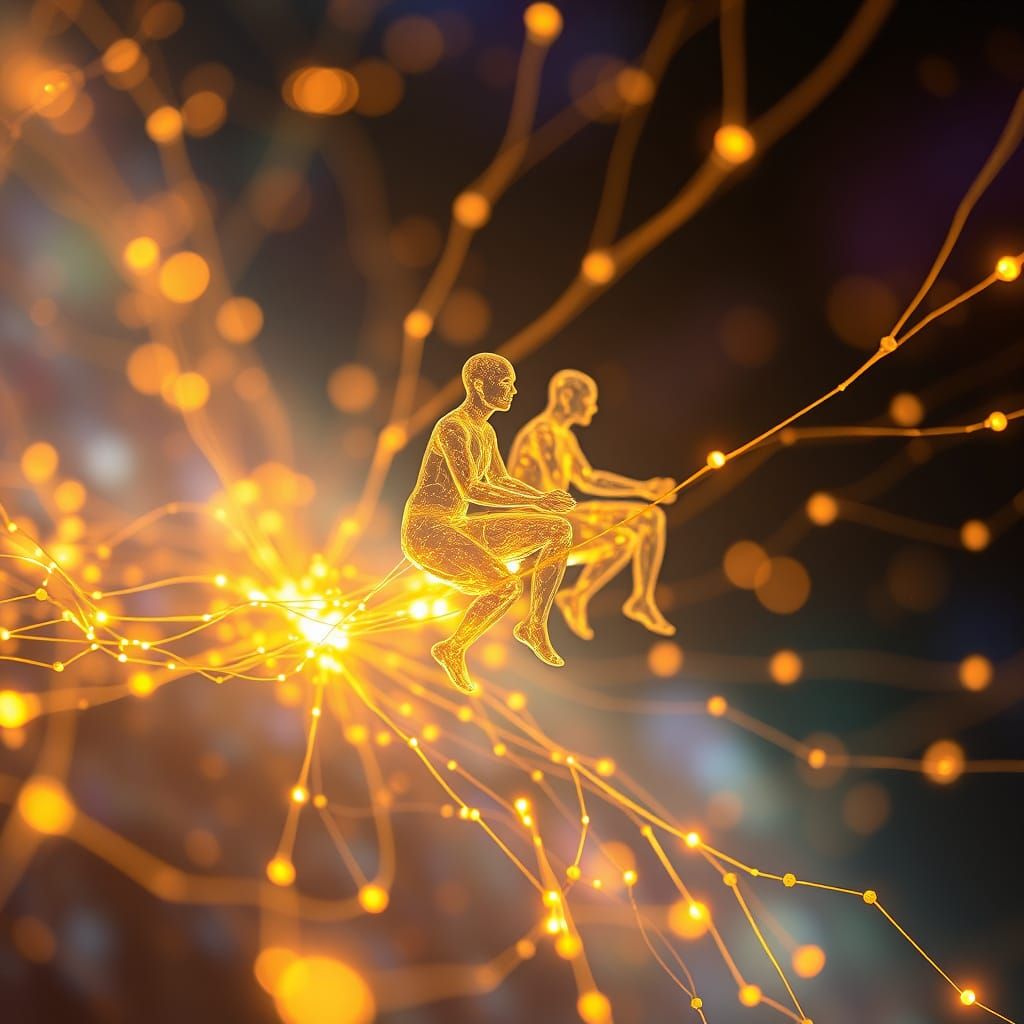 Translucent Figures Ride Luminous Threads in Cosmic Art