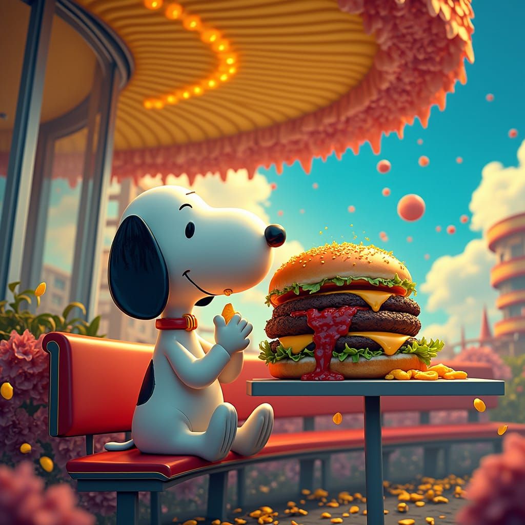 Snoopy having a Big Mac at McDonalds