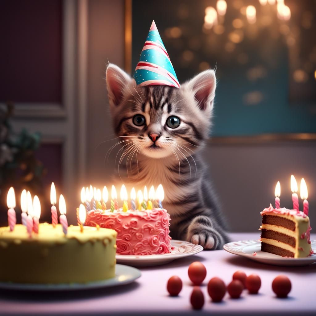 cute kitten wearing a birthday hat eating a cake