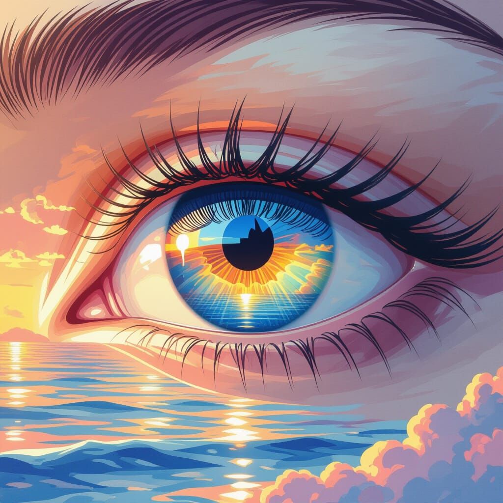Eye Iris Reflecting Sunset Seascape, in Dreamy Digital Art S...