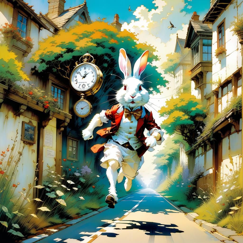 White Rabbit with stopwatch, frantically late