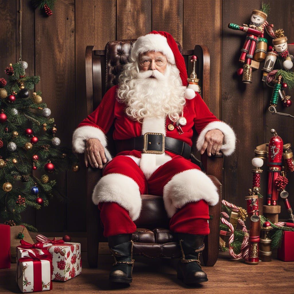 Santa in a chair with nutcrackers on each side