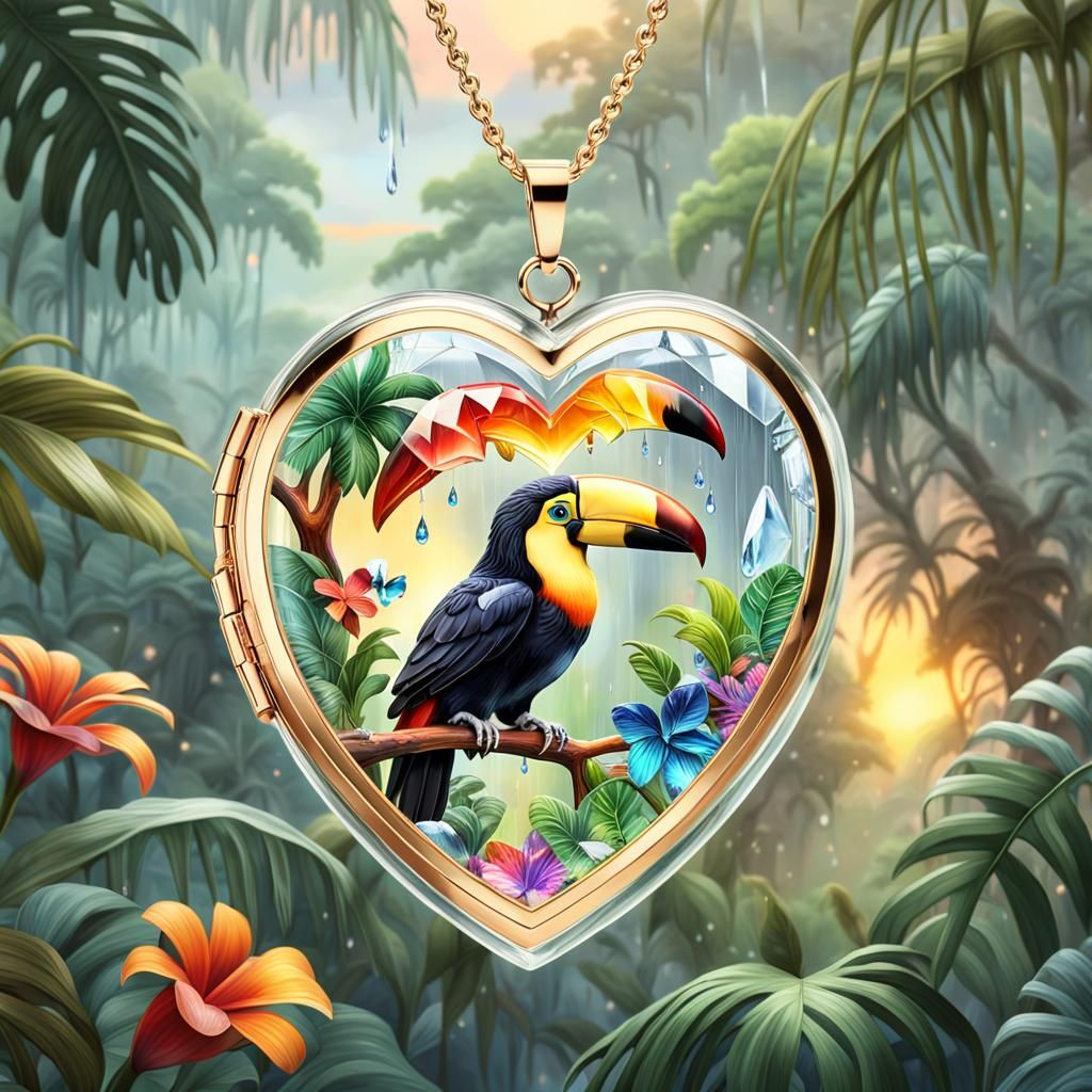 Baby toucan encased inside Crystal silvet heart locket lead crystal