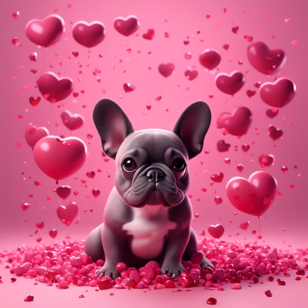 a <lora:Kyoot:1.0> picture of a French bulldog surrounded by floating hearts on pink gradient background