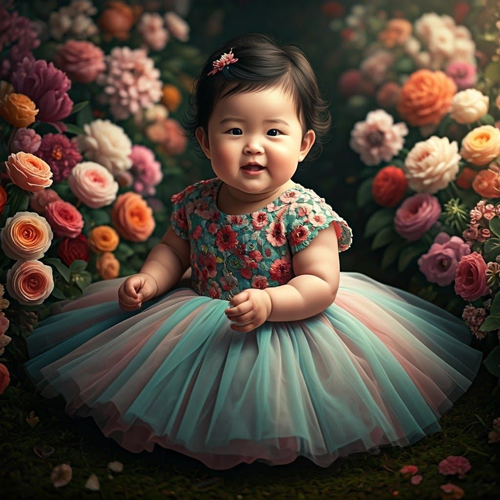 A laughing cute KOREAN-JAPANESE-CHINESE baby in a striking f...