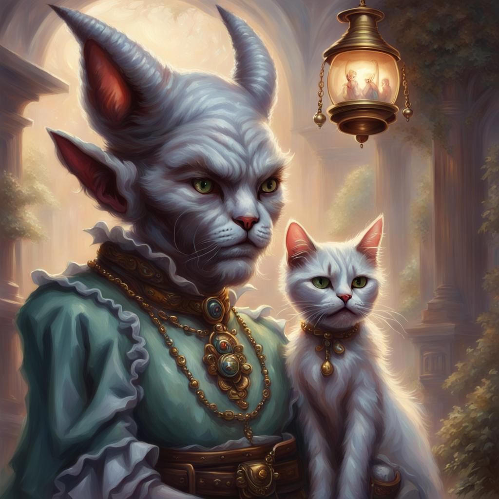 Sad wrinkly D&D imp devil. Wearing a cat collar with a bell,...