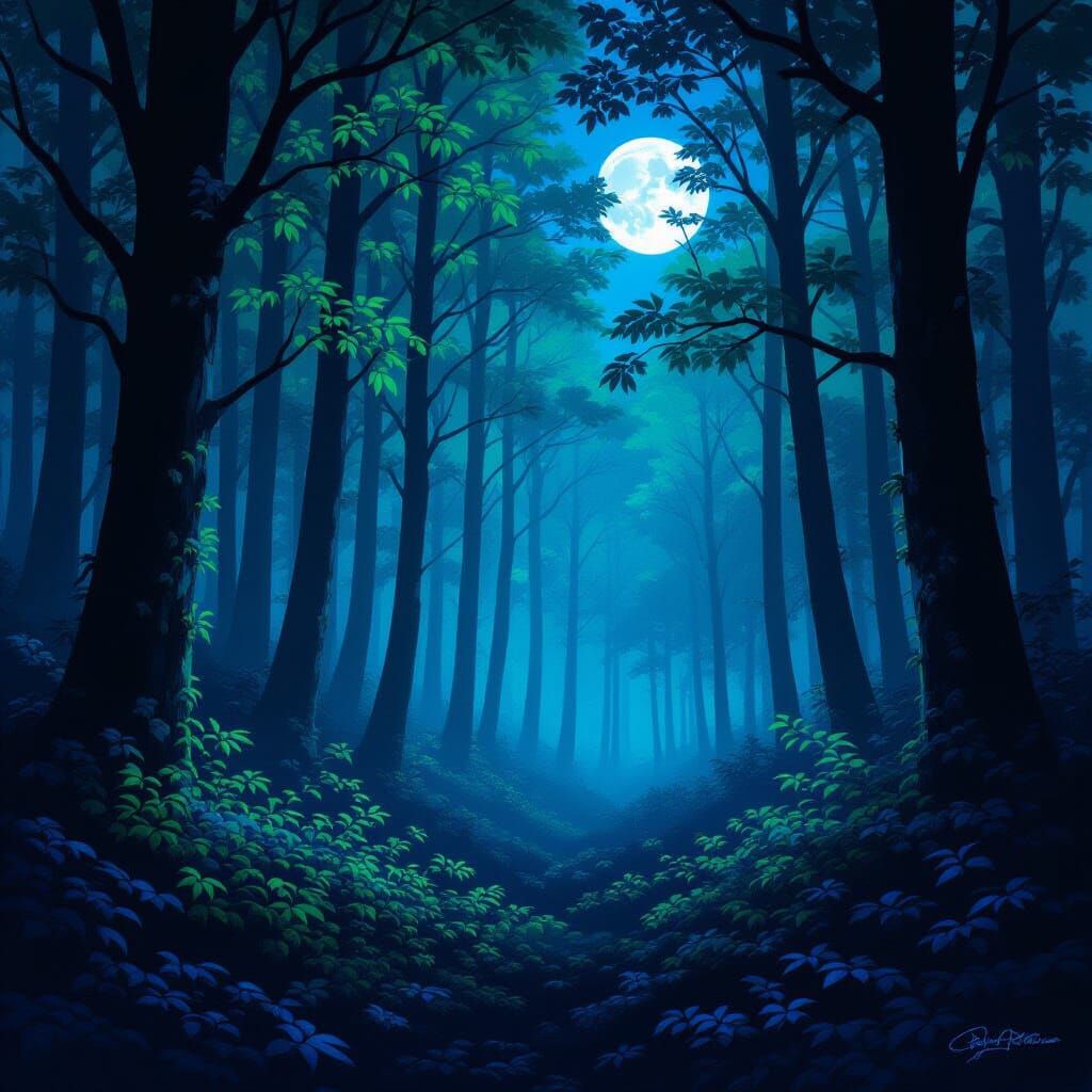 Mystical Forest Glows Under Moonlight