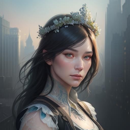 A woman with a floral crown blends with a dreamy cityscape f...