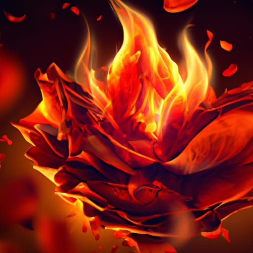 Fire flower, rose petals falling gently, hyperdetailed, petals made of flames, glowing red hot. Coherent