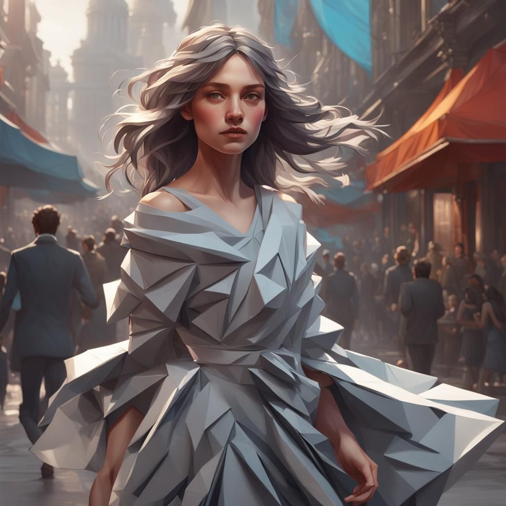 A stunning girl walking with a dress folded with grey paper,...