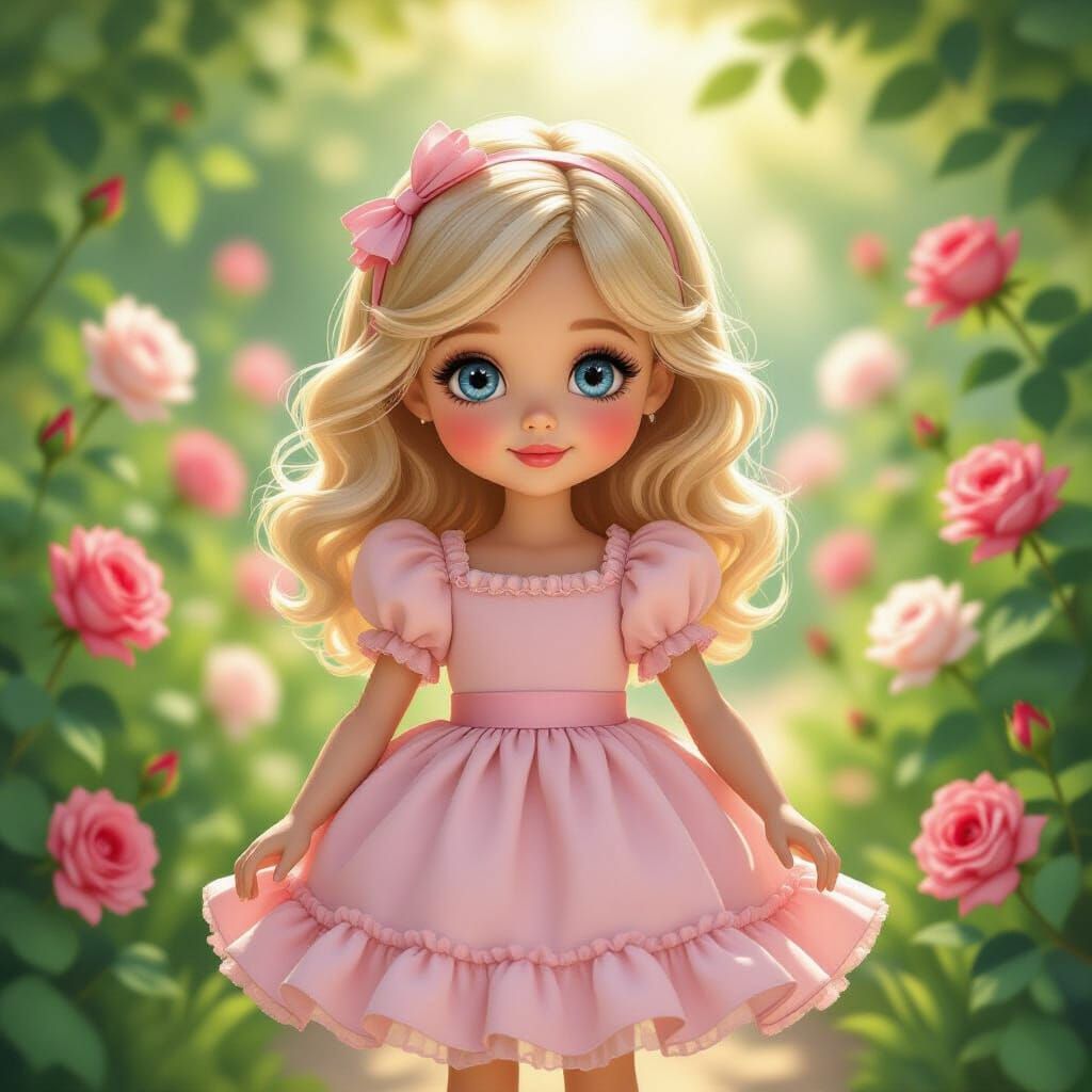 Blonde Doll in Pink Frilly Dress in Rose Garden