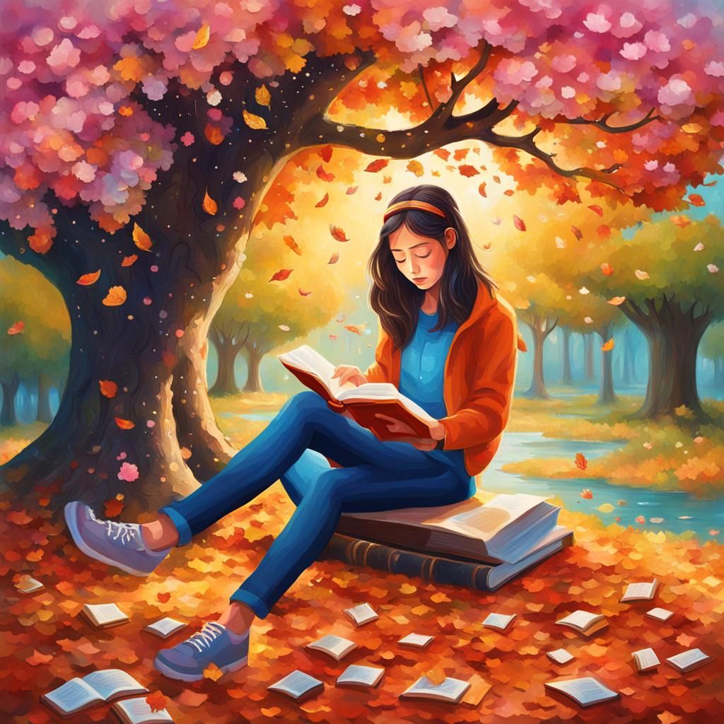 Reading under a blossom tree - AI Generated Artwork - NightCafe Creator