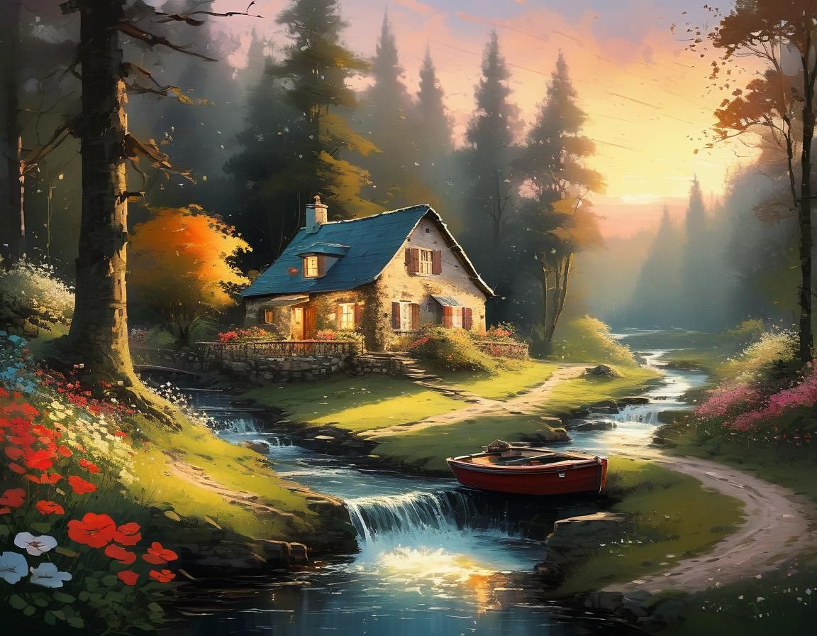 A swirling painting if a cute little cottage alone deep in a forest ndwr large trees, beside a waterfall, ...  by @Summerchild