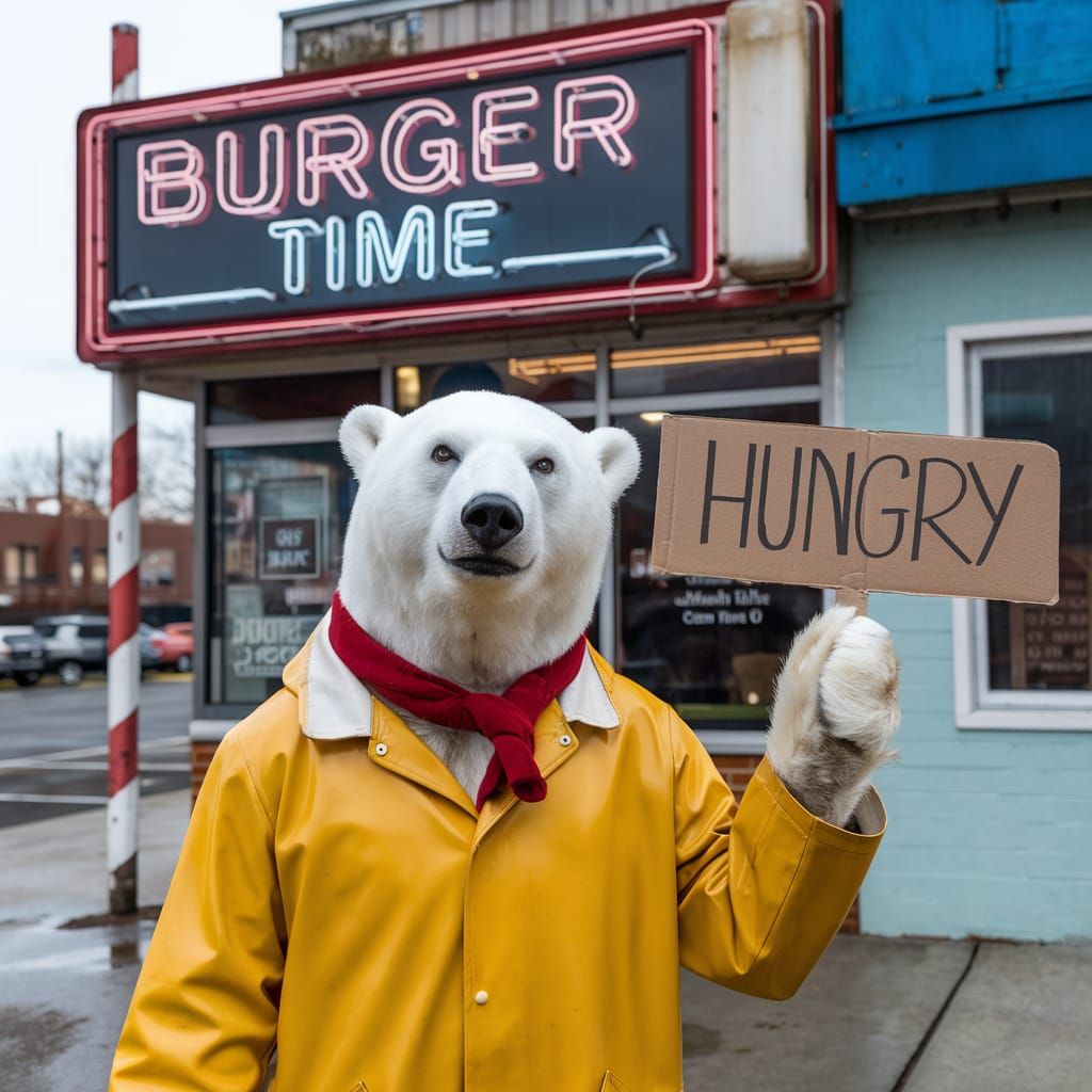 Hungry polar bear stops at a 1960s era burger shop