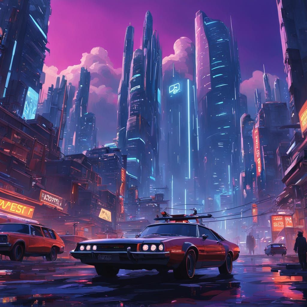 Futuristic Cityscape with Levitating Cars and Neon Skyscrape...