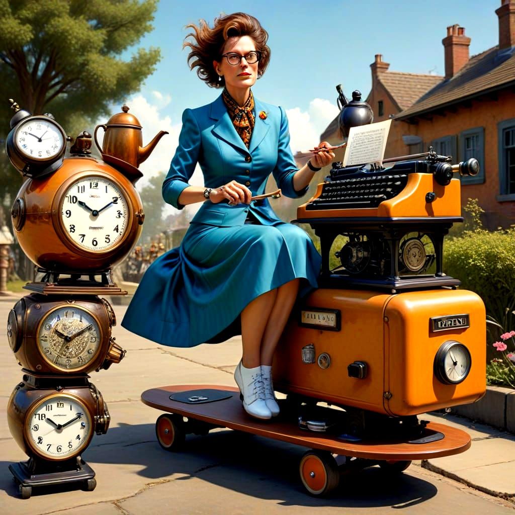 Elegant Woman Rides Skateboard Among Whimsical Antiques in V...