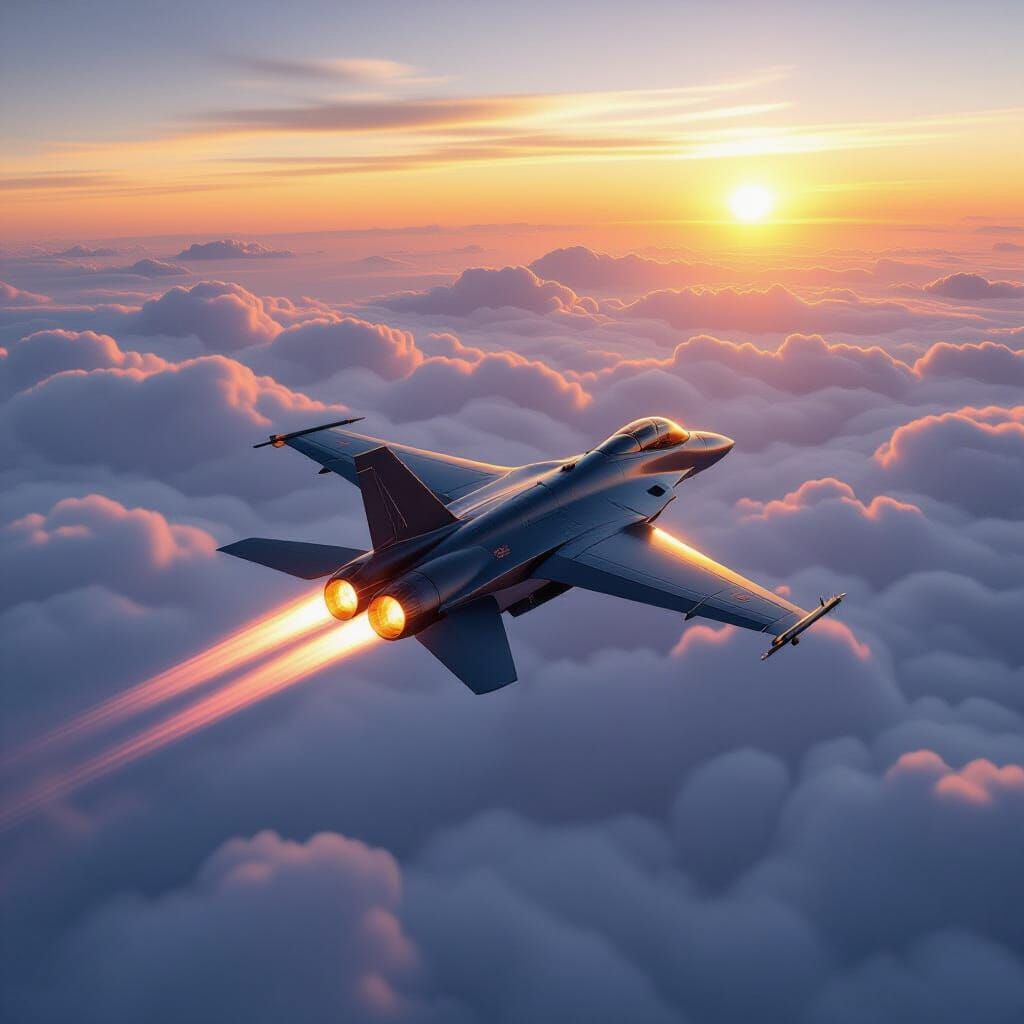 Sleek Fighter Jet Soars Above Clouds at Sunset