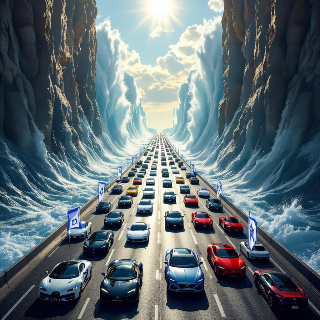 Splitting Sea with Luxury Cars Crossing on a Road