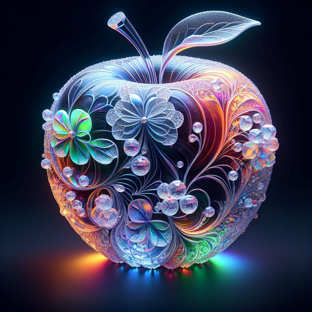 Against dark black background A ice crystal glass apple with vivid vibrant coloration :: fine filigree ...  by @Mindful THE KB