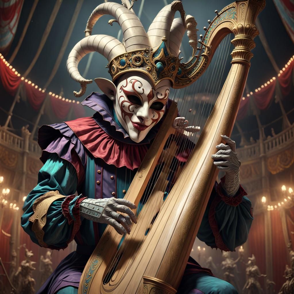 medieval jester wearing a carnival mask is playing a big harp made of human spine in the middle of an ...  by @Blackbooks