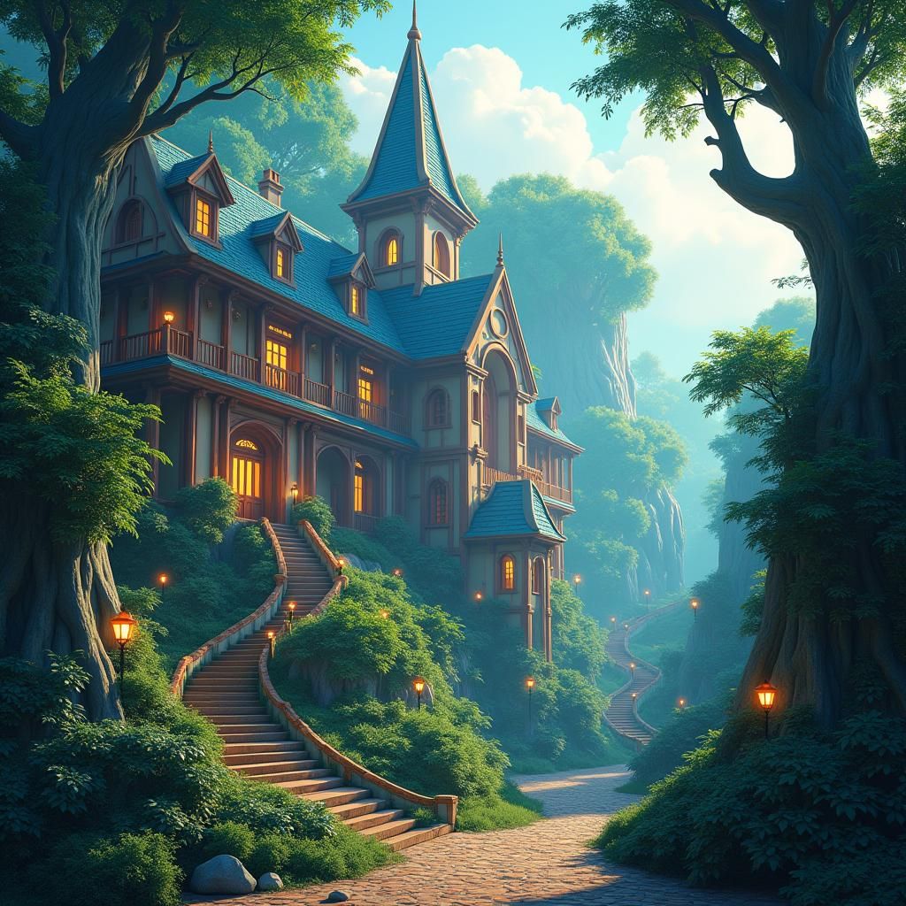 Mystical School Amidst Lush Foliage in Fantasy Art