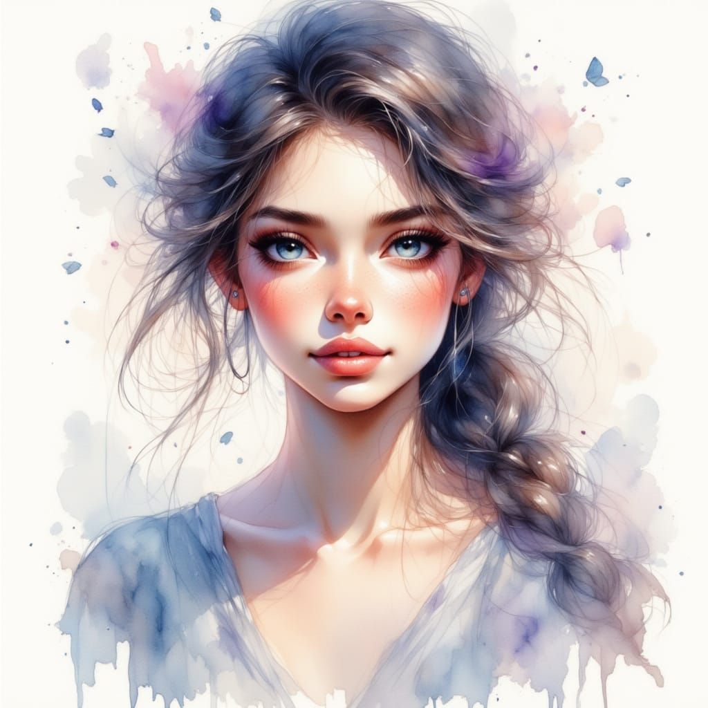 Dreamy Watercolor Portrait of a Woman in Indigo and Lavender