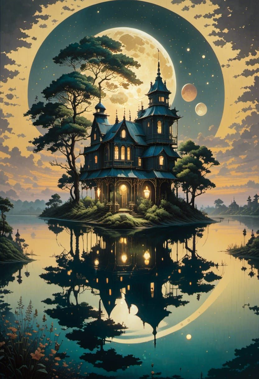  <lora:Anime fantasy:1.0> perfect Moon water lake ethereal réflection 