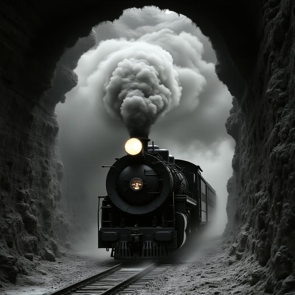 <lora:Spectral Pathways:1.3> A steam engine train moving through the smoke of an ominous tunnel, in the style of black and white photograph...