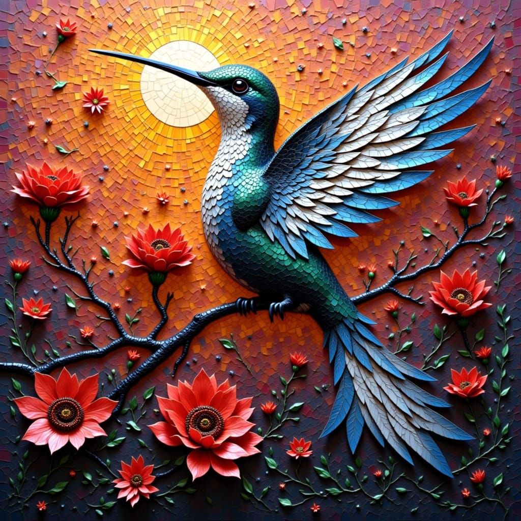 Hummingbird. <lora:Tile-SunshineFLUX:1.0> <lora:Pieces:1.0>    by @Aquaman420