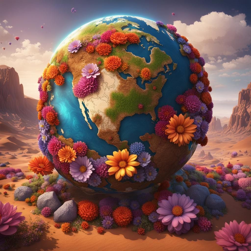 Earth Globe with Flowers in Desert Landscape