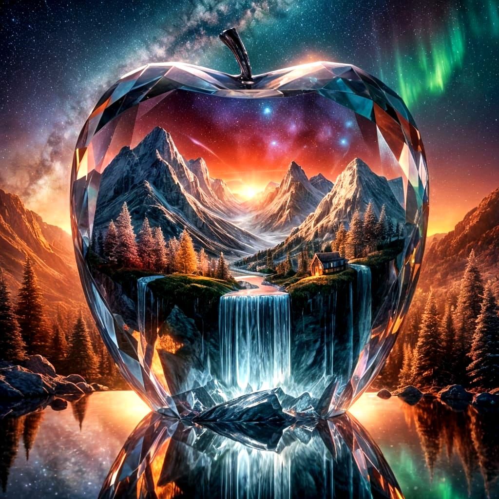 Heavenly Mountains Inside a Giant Crystal Apple  by @BJ-art