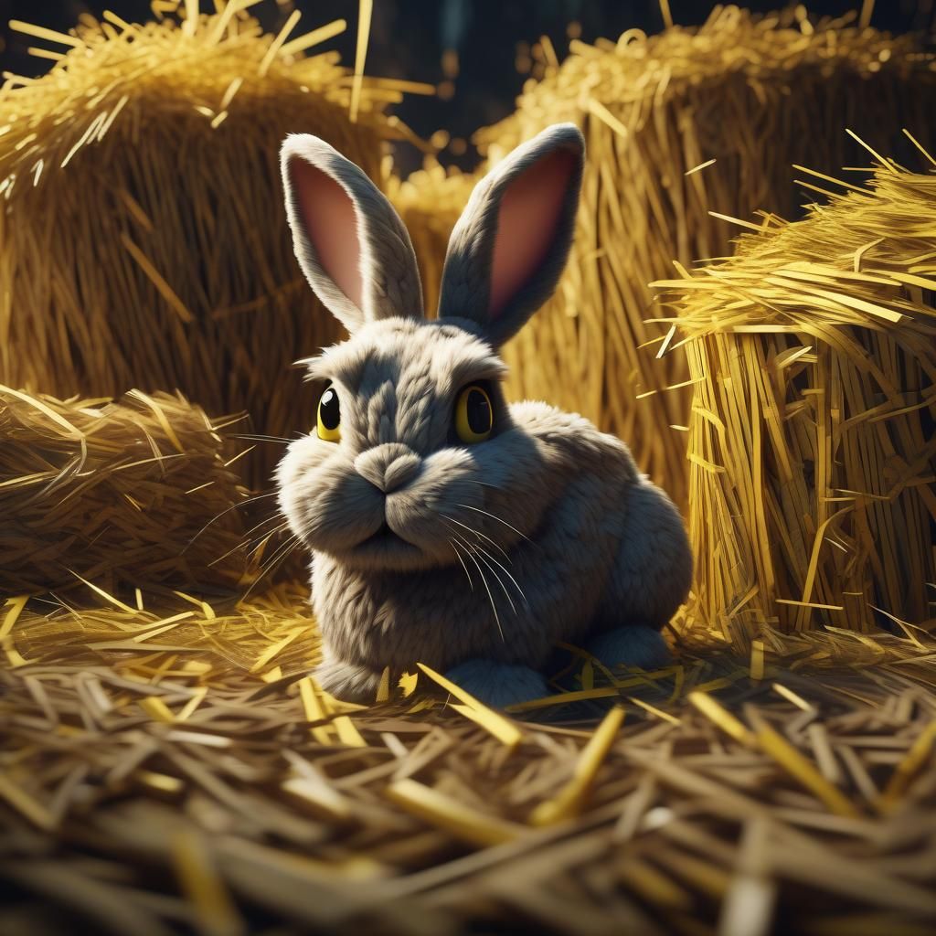 A bunny with big surprised eyes, the fur is made of yellow s...