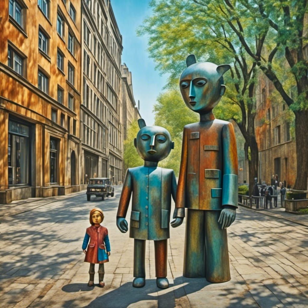 <lora:Dadaist forms:1.0> brother and sister, age 5, in a city street. Surreal absurd beautiful. Colourful . high quality, high resolution, h...