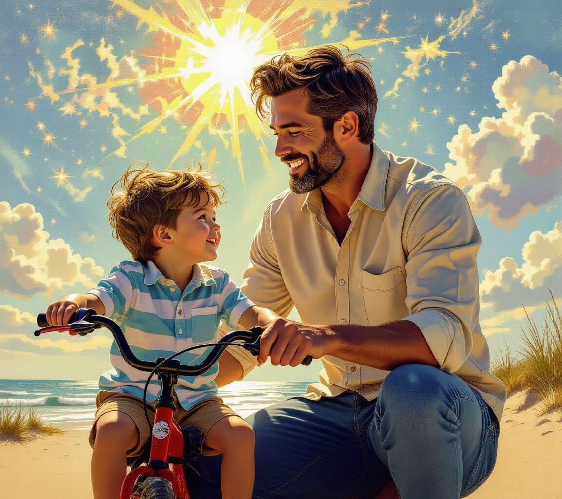 Detailed embossed art of A hyper-realistic colourful digital artwork of a dad smiling down at his son ...  by @Summerchild