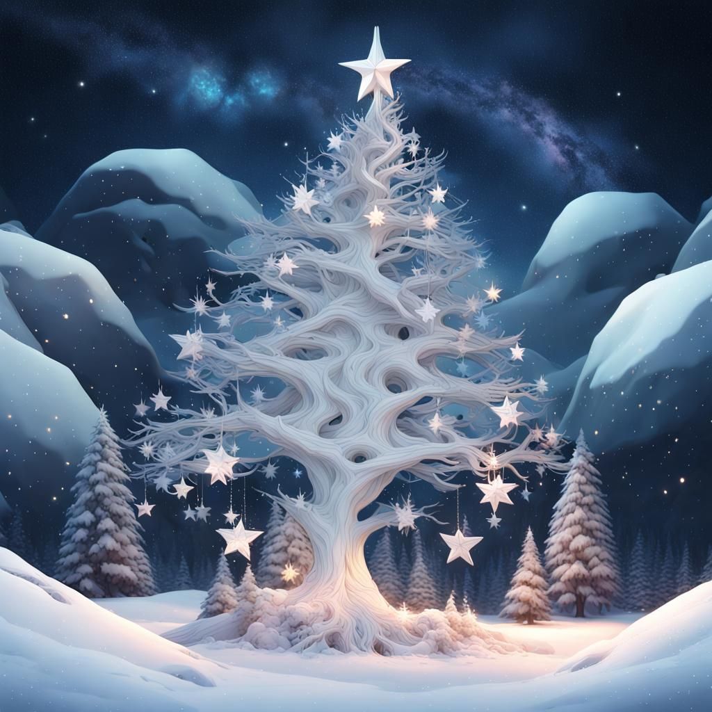 Unconventional whimsical christmas tree with stars as ornaments surrounded by snow and snow fairies and ...  by @Timmsmc