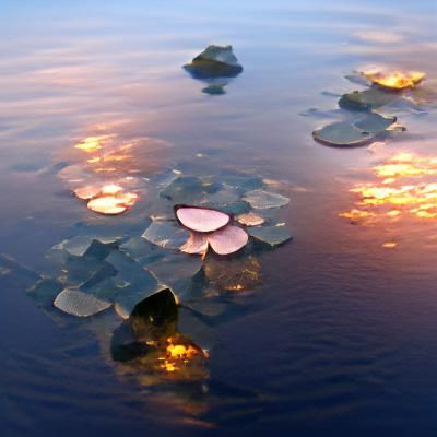 Crystal lilypads on the lake at sunset