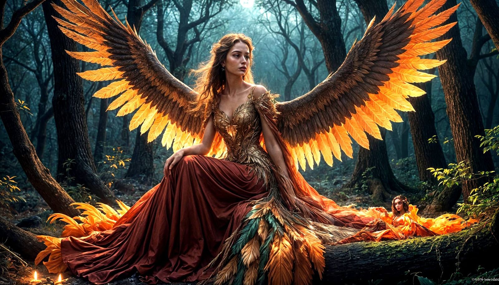An elegant Caucasian woman sits on a branch in a tranquil night forest. Her enormous phoenix wings and ...  by @Carlos