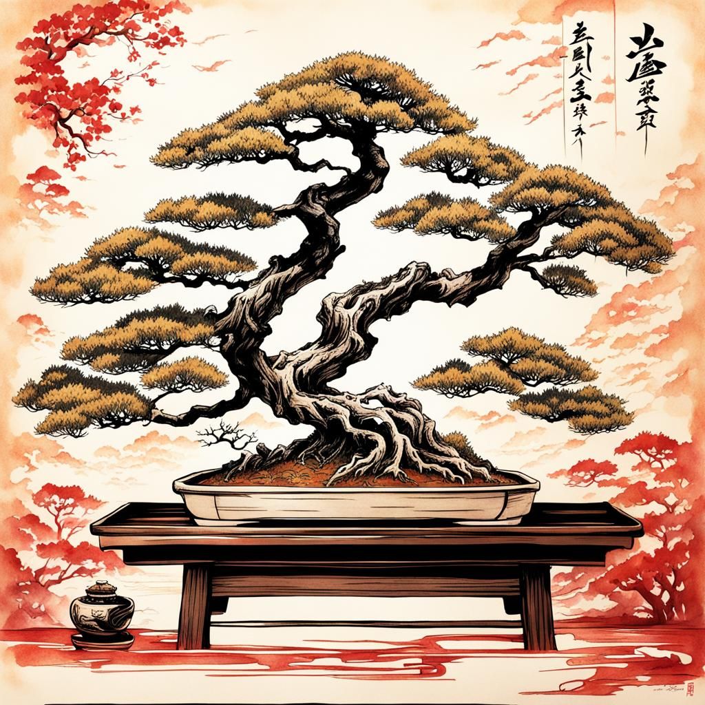 Fantasy Bonsai Tree Ink Drawing on Scroll