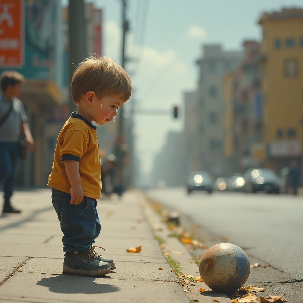 Young Boy Copes with Loss in Urban Landscape