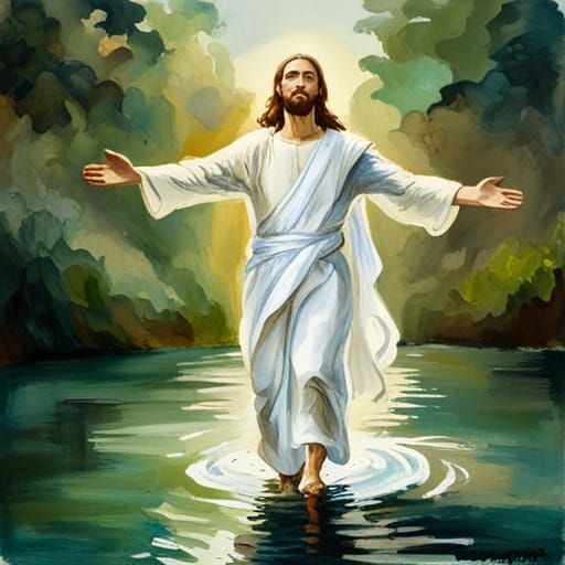 Jesus walking on water reaching his hand out AI Generated