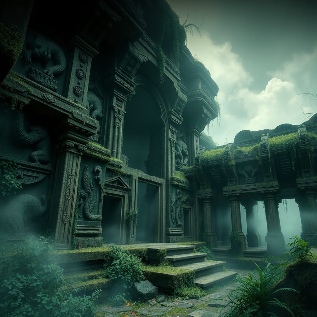 Mystical Temple Ruin Shrouded in Mist and Vines