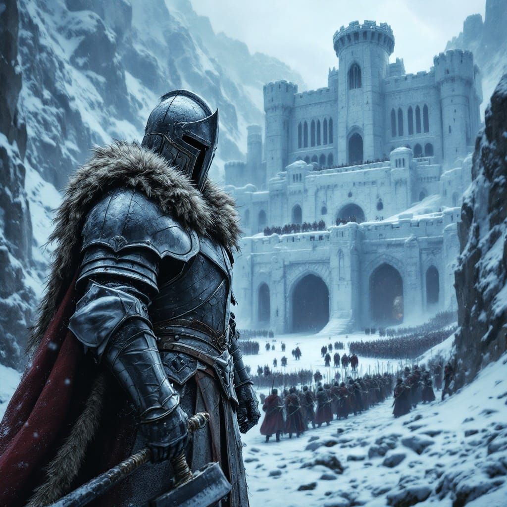 knight before a colossal ice fortress  by @Matt