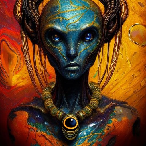 An ancient, non-friendly alien wears a souvenir necklace mad...
