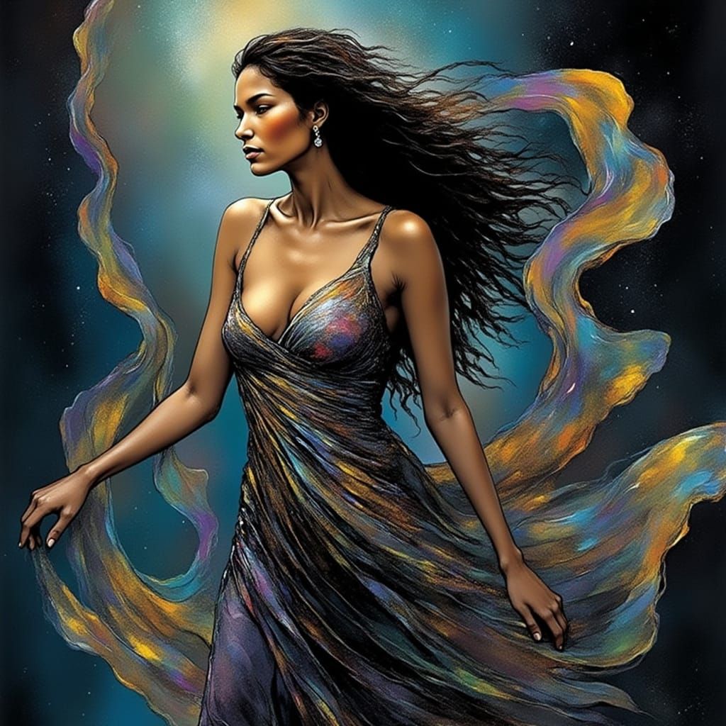 <lora:Archetypal Images:1.0> <lora:Black Opal:1.0> A woman wearing a dress that looks like black opal