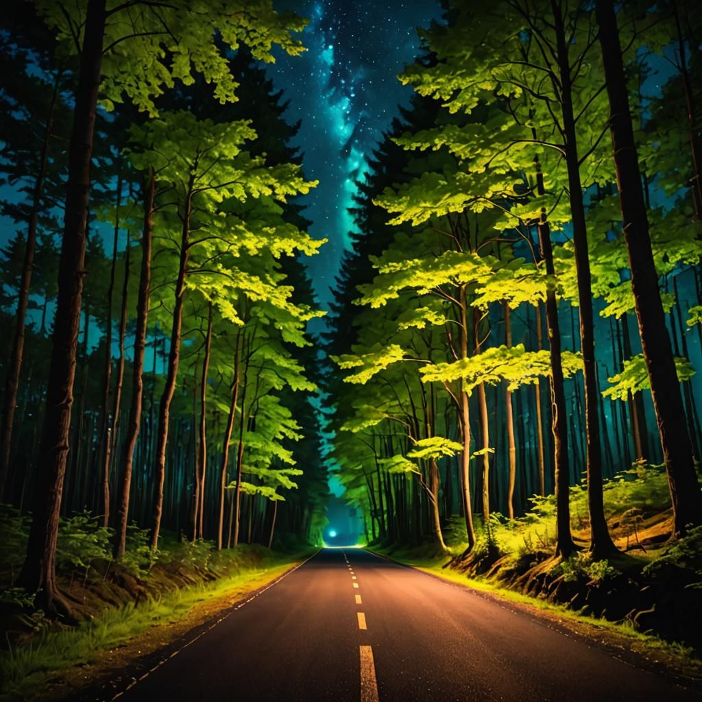 Vibrant, glowing road through a forest in the night