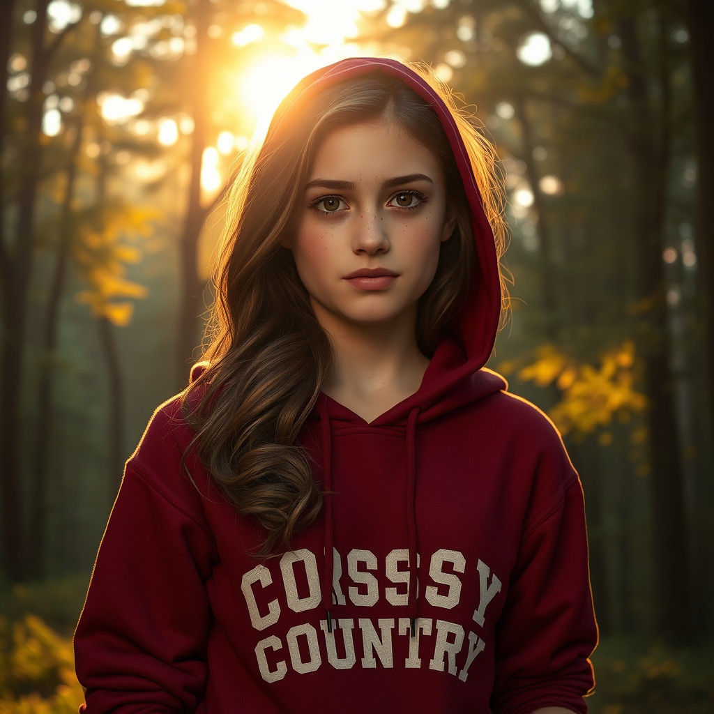 Girl in Red Hoodie in Forest at Sunset