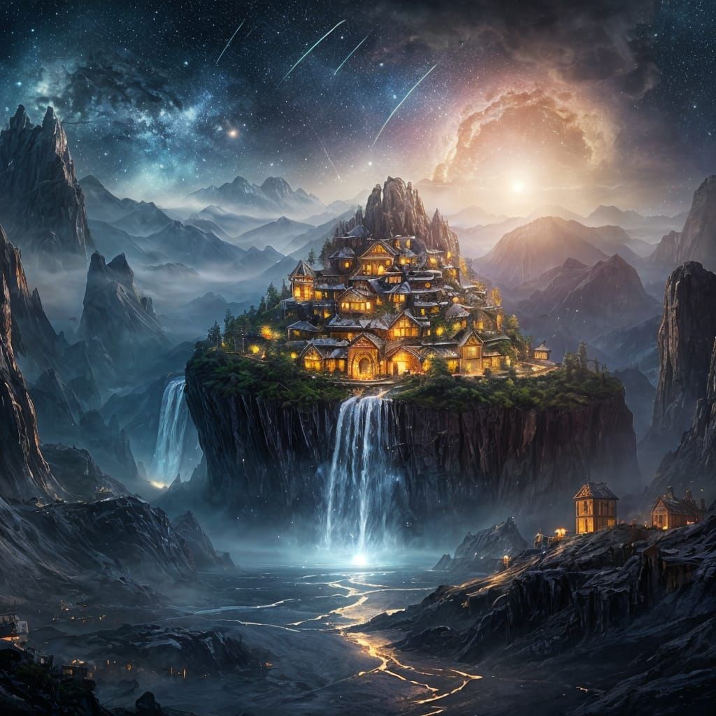 "Mountains shaped like giant books are stacked on top of each other, with waterfalls of ink flowing down their sides. Tiny glowing lanterns ...