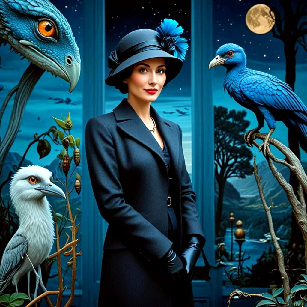 Elegantly Dressed Lady in 1920s Fashion Amidst Whimsical Sur...