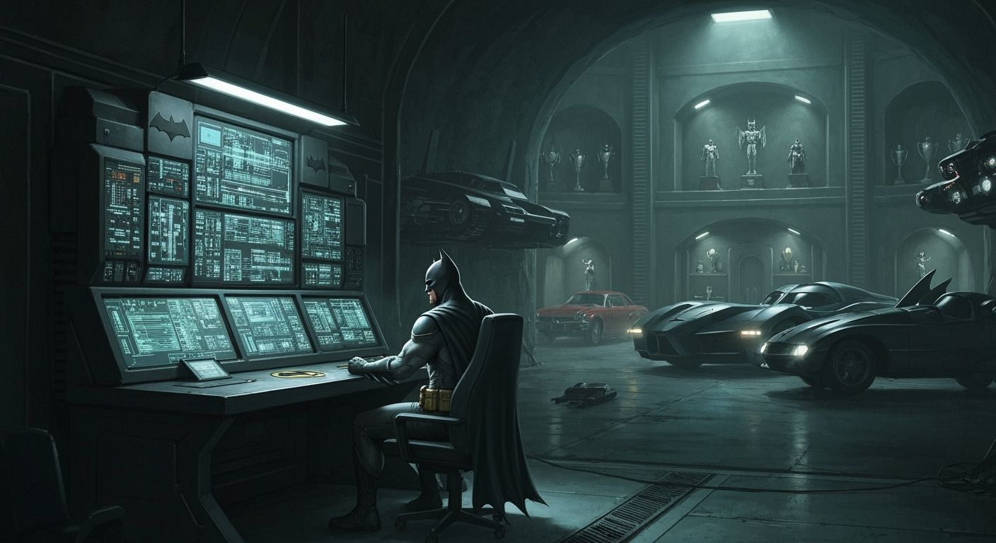 Batman in the Batcave sat at the batcomputer with all his vehicles and his hall of crook trophies  by @DarkJinjaNinja