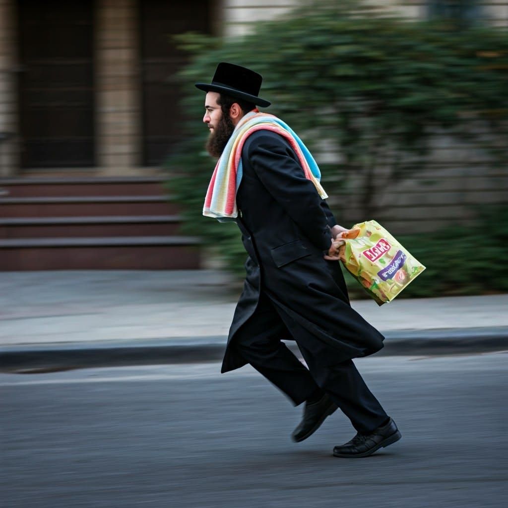 Hasidic Man Rushes to the Mikvah in Traditional Attire